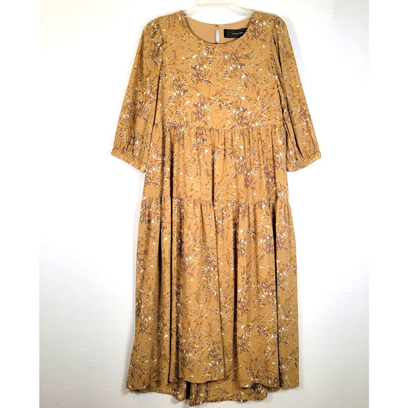 Code Mode Womens Tiered Floral Midi Dress Size Medium Brown Prairie Trad Wife - Picture 1 of 10